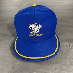 Vintage Michelin Snapback Hat Blue‎ Yellow Trucker Mesh Nylon Adjustable Cap 80s